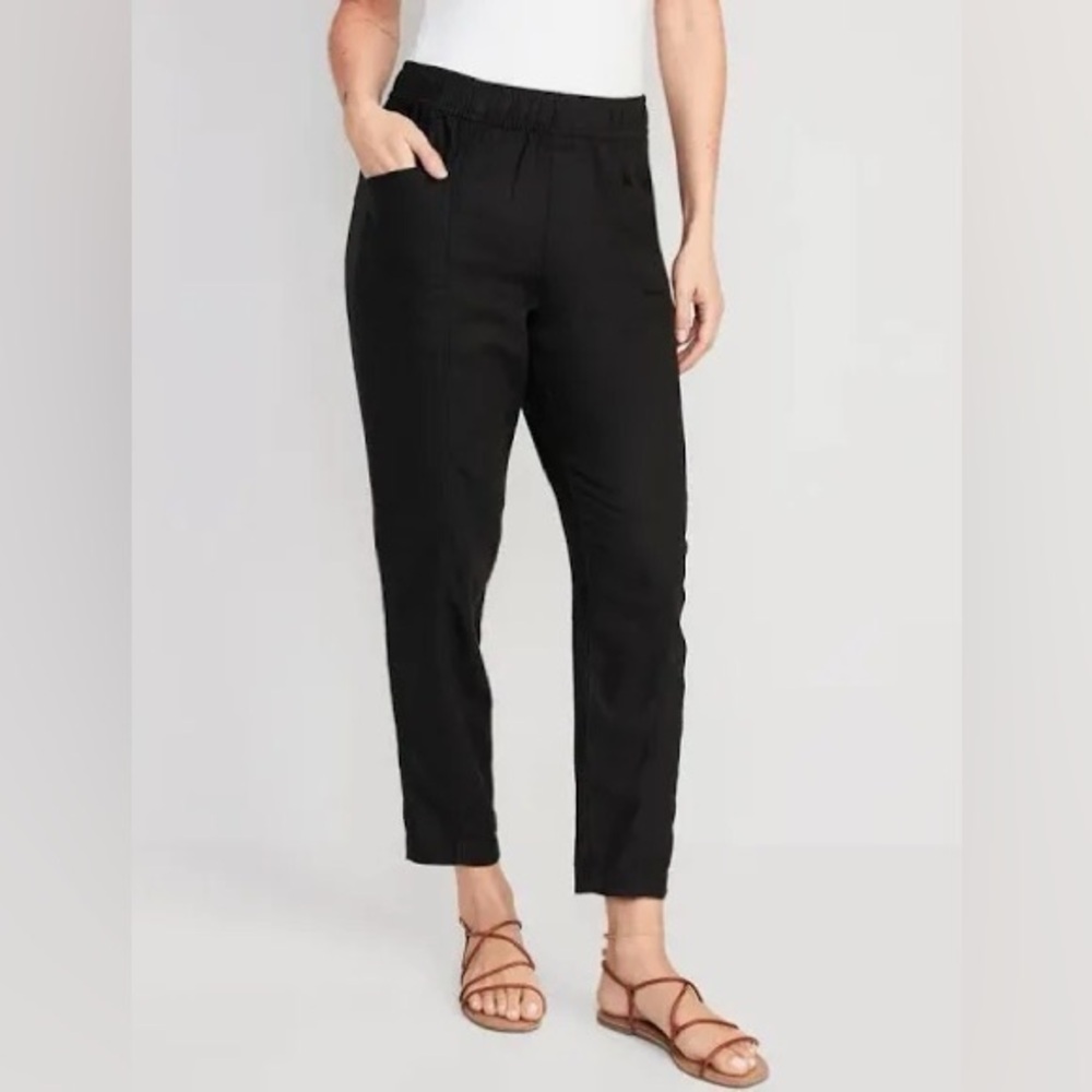 High-Waisted Cropped Linen-Blend Tapered Pants